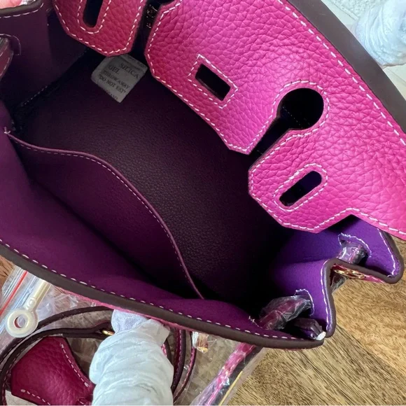 Fuchsia Pink Mini 20 Leather Top Handle Bag Structured Satchel w/ Gold HW B13 - Picture 10 of 10